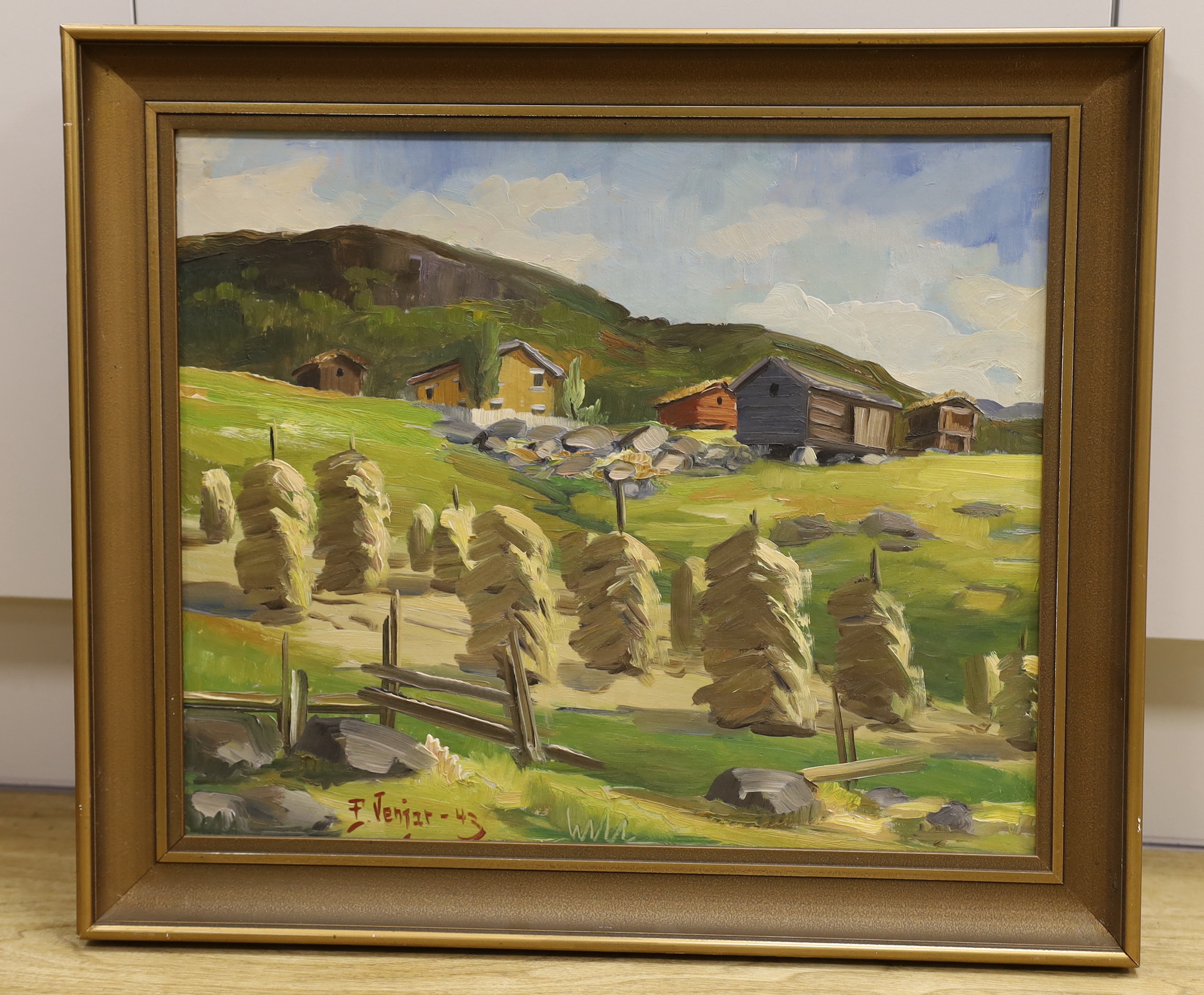 E. Vernier, oil on board, Swiss chalets and cornstacks on a hillside, signed and dated '43, 36 x 44cm